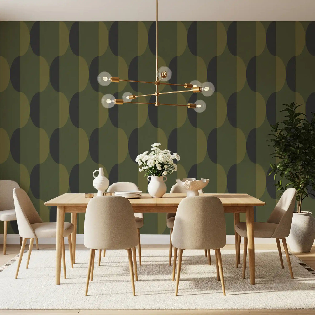 Tapete mit ovalen Motiven im Mid-Century-Stil, olivgrün und moosgrün⁠
