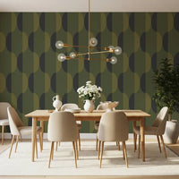 Tapete mit ovalen Motiven im Mid-Century-Stil, olivgrün und moosgrün⁠
