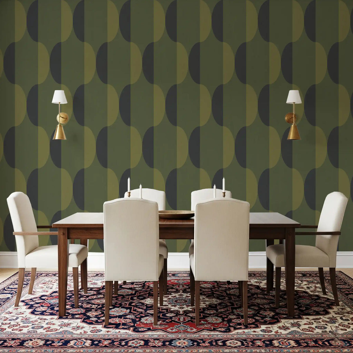 Tapete mit ovalen Motiven im Mid-Century-Stil, olivgrün und moosgrün⁠