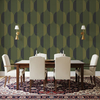 Tapete mit ovalen Motiven im Mid-Century-Stil, olivgrün und moosgrün⁠