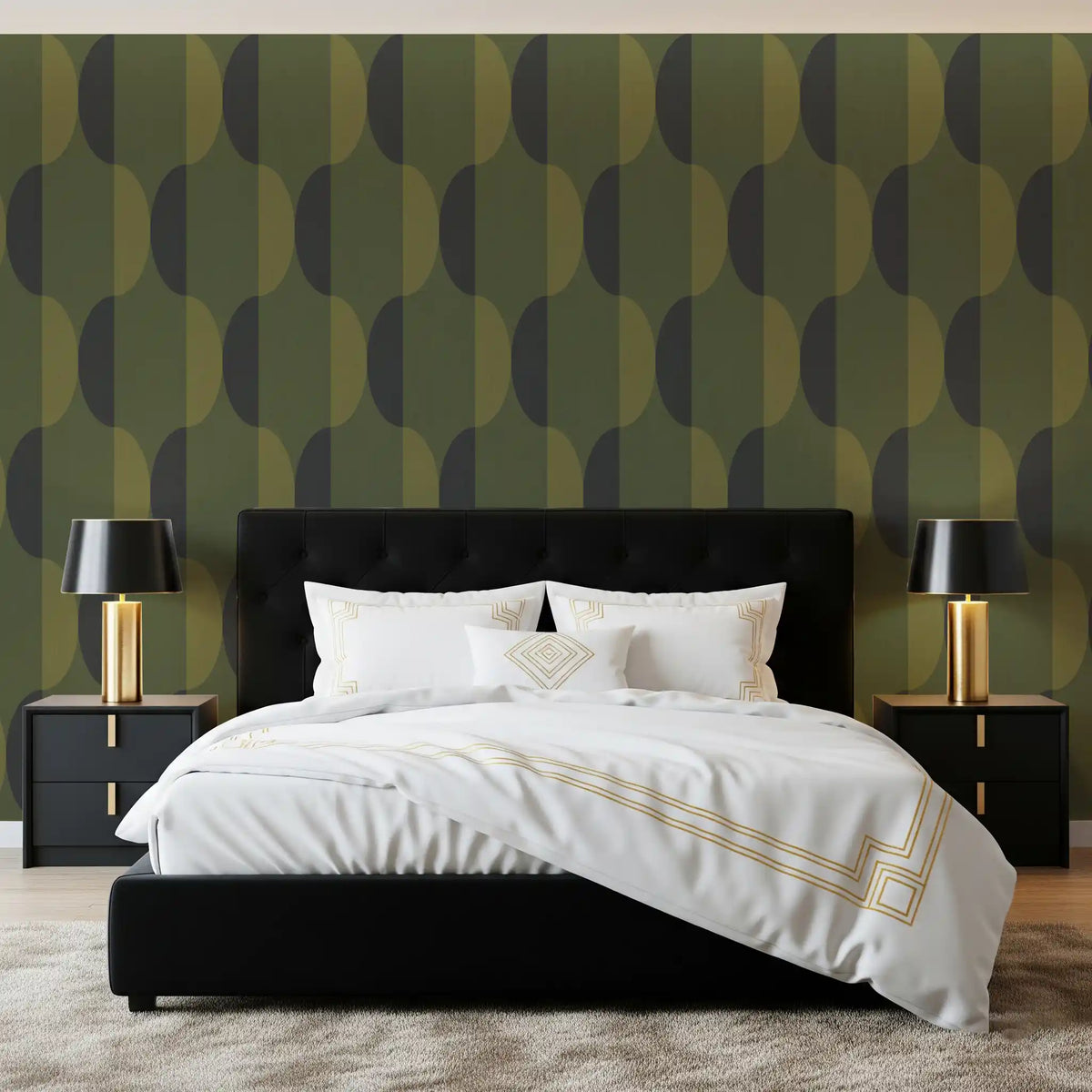 Tapete mit ovalen Motiven im Mid-Century-Stil, olivgrün und moosgrün⁠