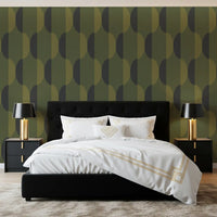 Tapete mit ovalen Motiven im Mid-Century-Stil, olivgrün und moosgrün⁠