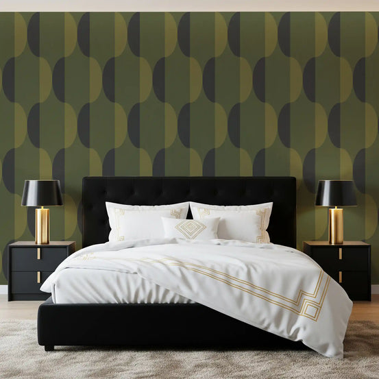 Ovaal behang in mid-century-stijl, olijfmos behang⁠