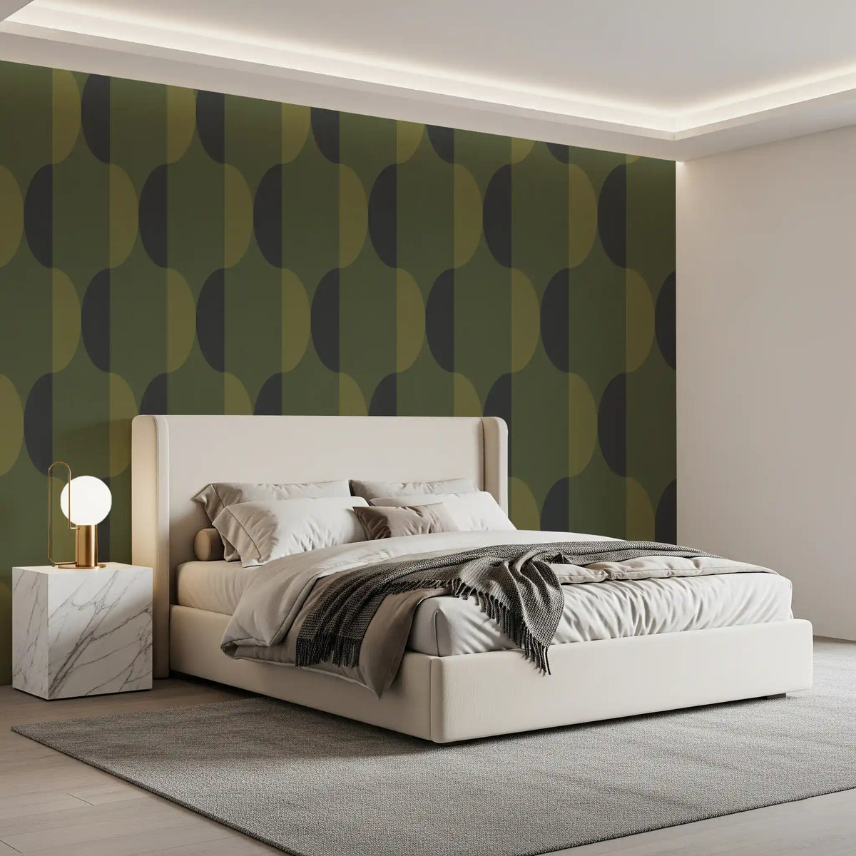 Tapete mit ovalen Motiven im Mid-Century-Stil, olivgrün und moosgrün⁠