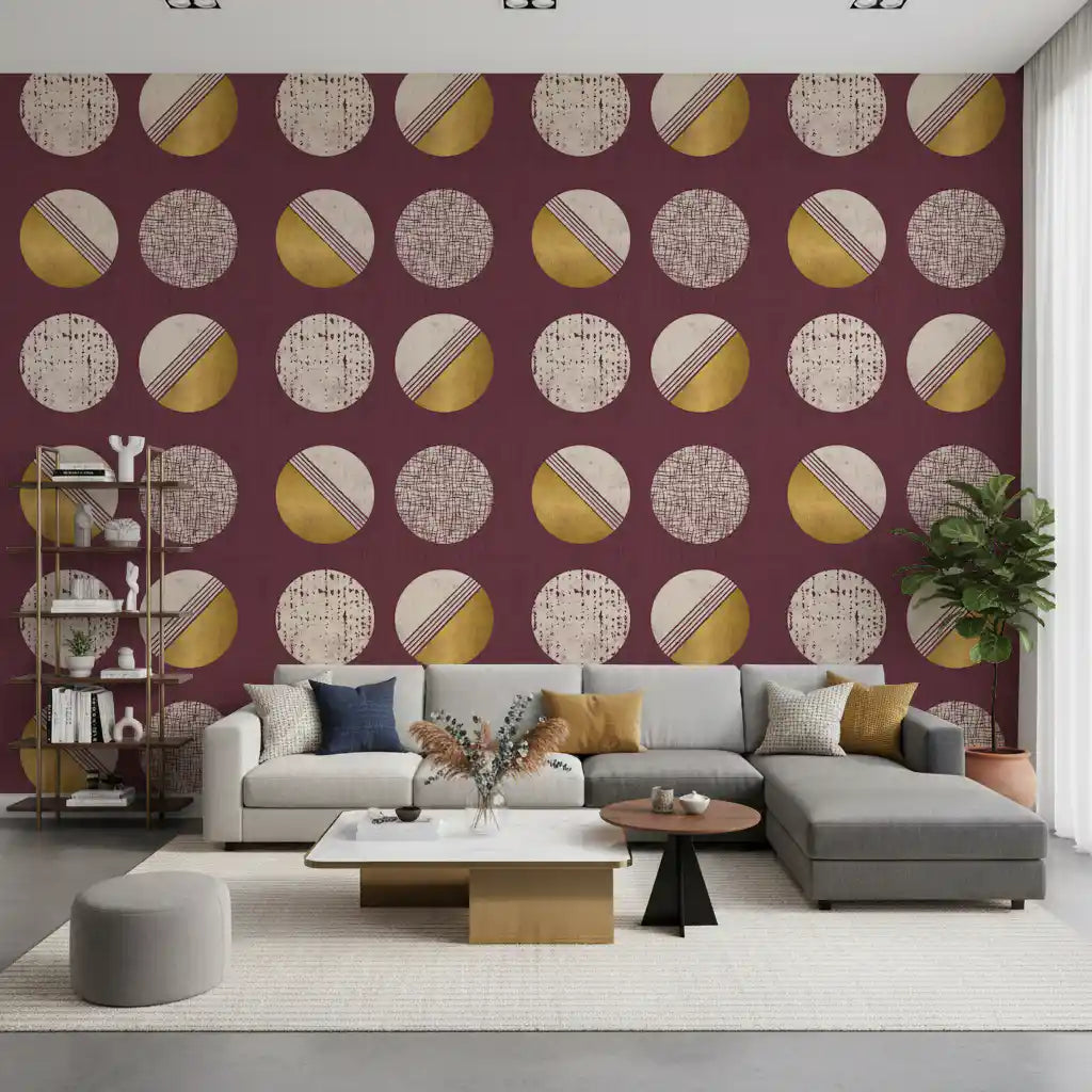 Burgundy Mustard Circles Wallpaper Mid Century Wallpaper⁠