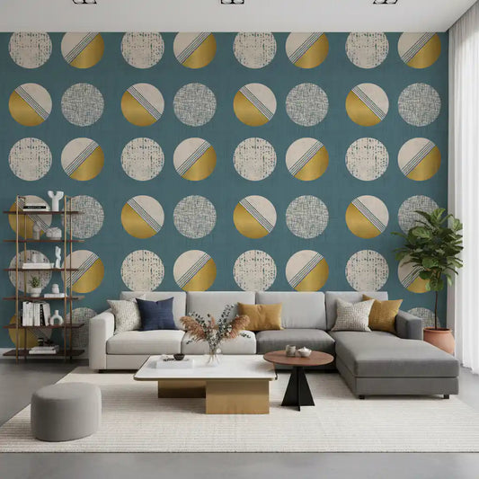 Papier peint à cercles bleu sarcelle poudré et moutarde, style milieu du siècle