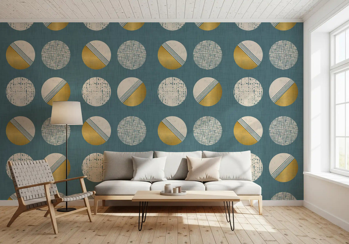 Tapeten mit Kreisen in staubigem Petrol und Senfgelb im Mid-Century-Stil⁠