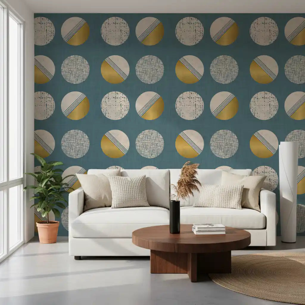 Tapeten mit Kreisen in staubigem Petrol und Senfgelb im Mid-Century-Stil⁠
