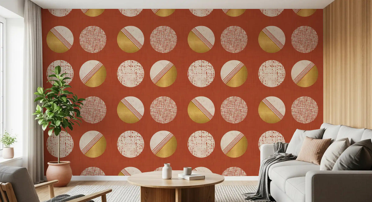 Tapet med rust røde og sennepsgule cirkler i mid-century-stil⁠