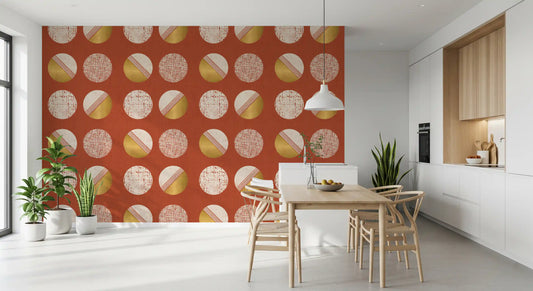 Papier peint à cercles rouge rouille et moutarde, style milieu du siècle