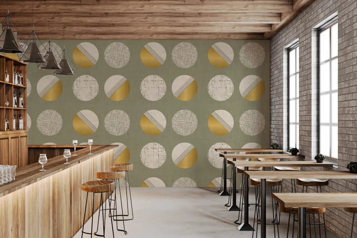 Papel pintado de círculos verde salvia y mostaza, estilo de mediados de siglo⁠
