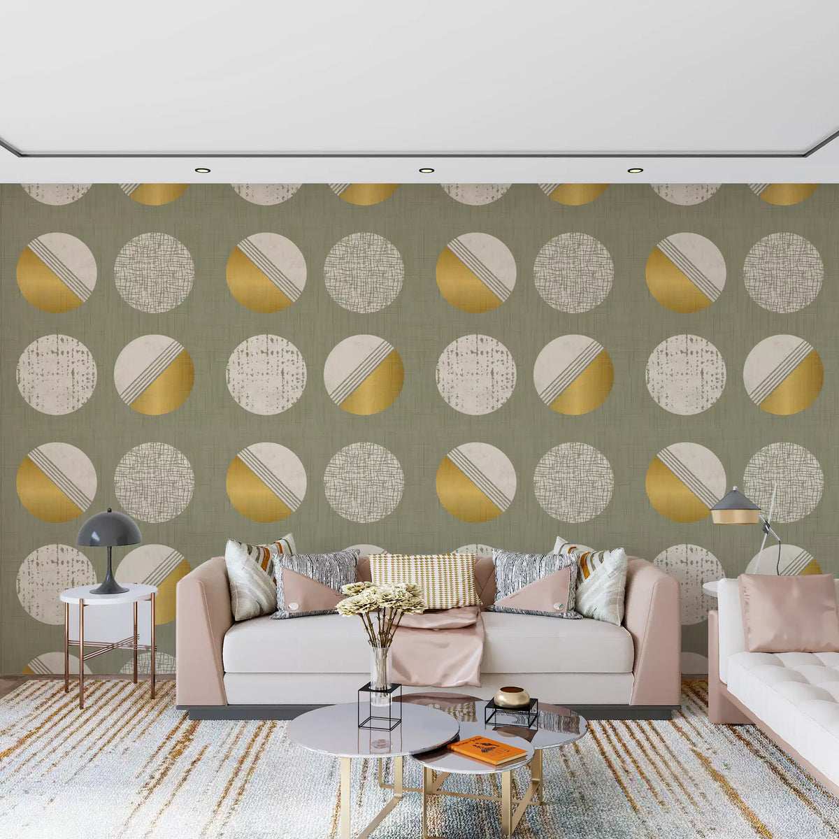 Papel pintado de círculos verde salvia y mostaza, estilo de mediados de siglo⁠