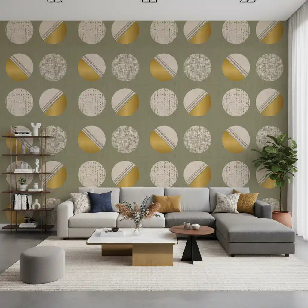 Papel pintado de círculos verde salvia y mostaza, estilo de mediados de siglo⁠