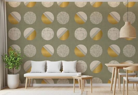 Papier peint à cercles vert sauge et moutarde, style milieu du siècle