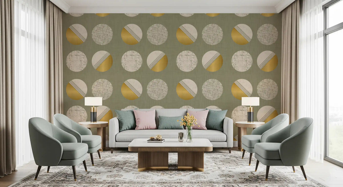 Papel pintado de círculos verde salvia y mostaza, estilo de mediados de siglo⁠