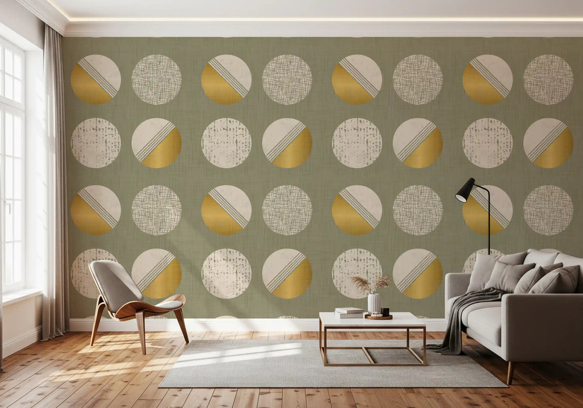 Papel pintado de círculos verde salvia y mostaza, estilo de mediados de siglo⁠