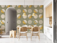Papel pintado de círculos verde salvia y mostaza, estilo de mediados de siglo⁠