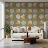 Papel pintado de círculos verde salvia y mostaza, estilo de mediados de siglo⁠