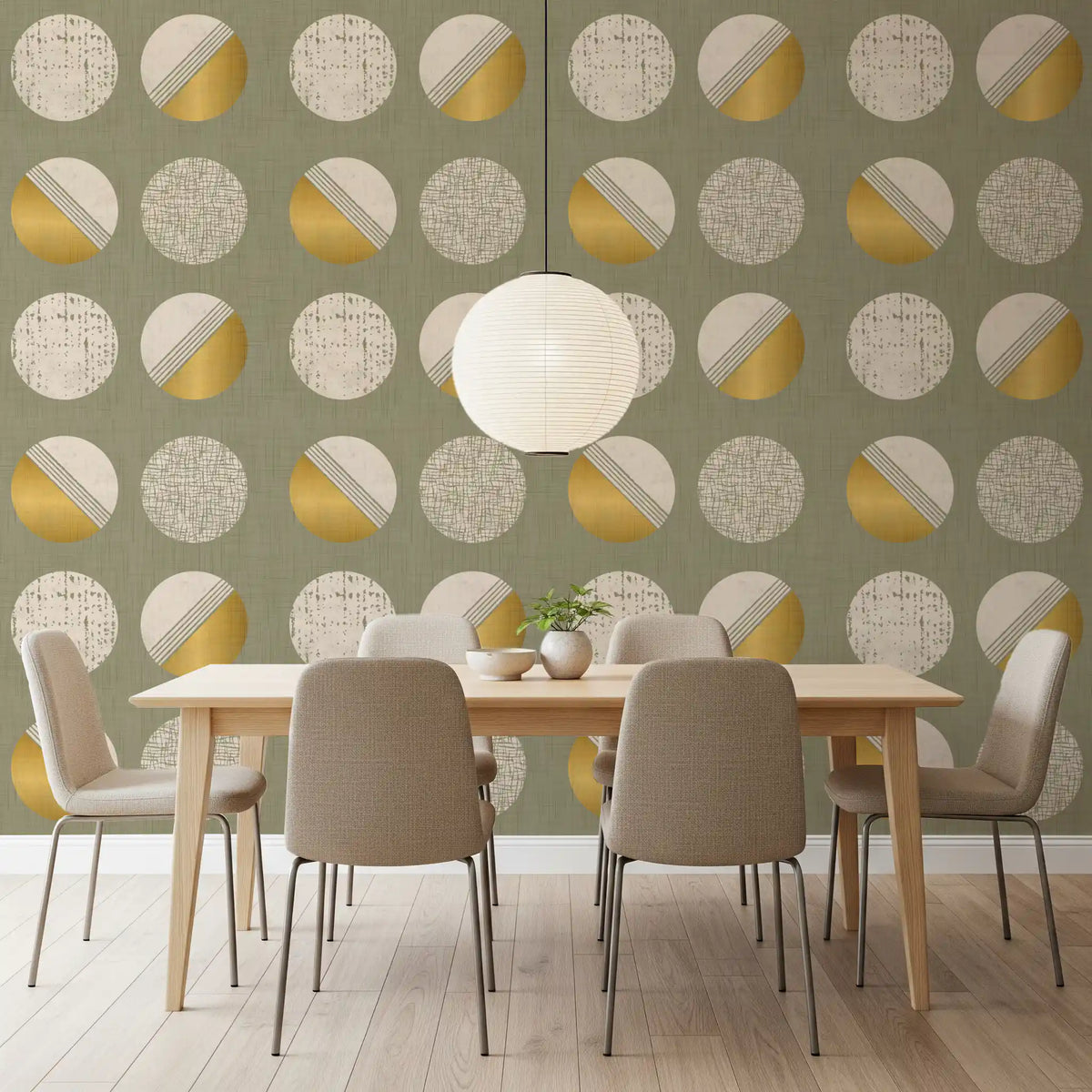 Papel pintado de círculos verde salvia y mostaza, estilo de mediados de siglo⁠