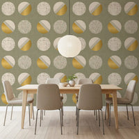 Papel pintado de círculos verde salvia y mostaza, estilo de mediados de siglo⁠