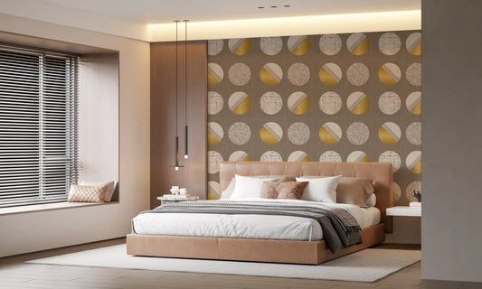 Papier peint à cercles taupe chaud et moutarde, style milieu du siècle