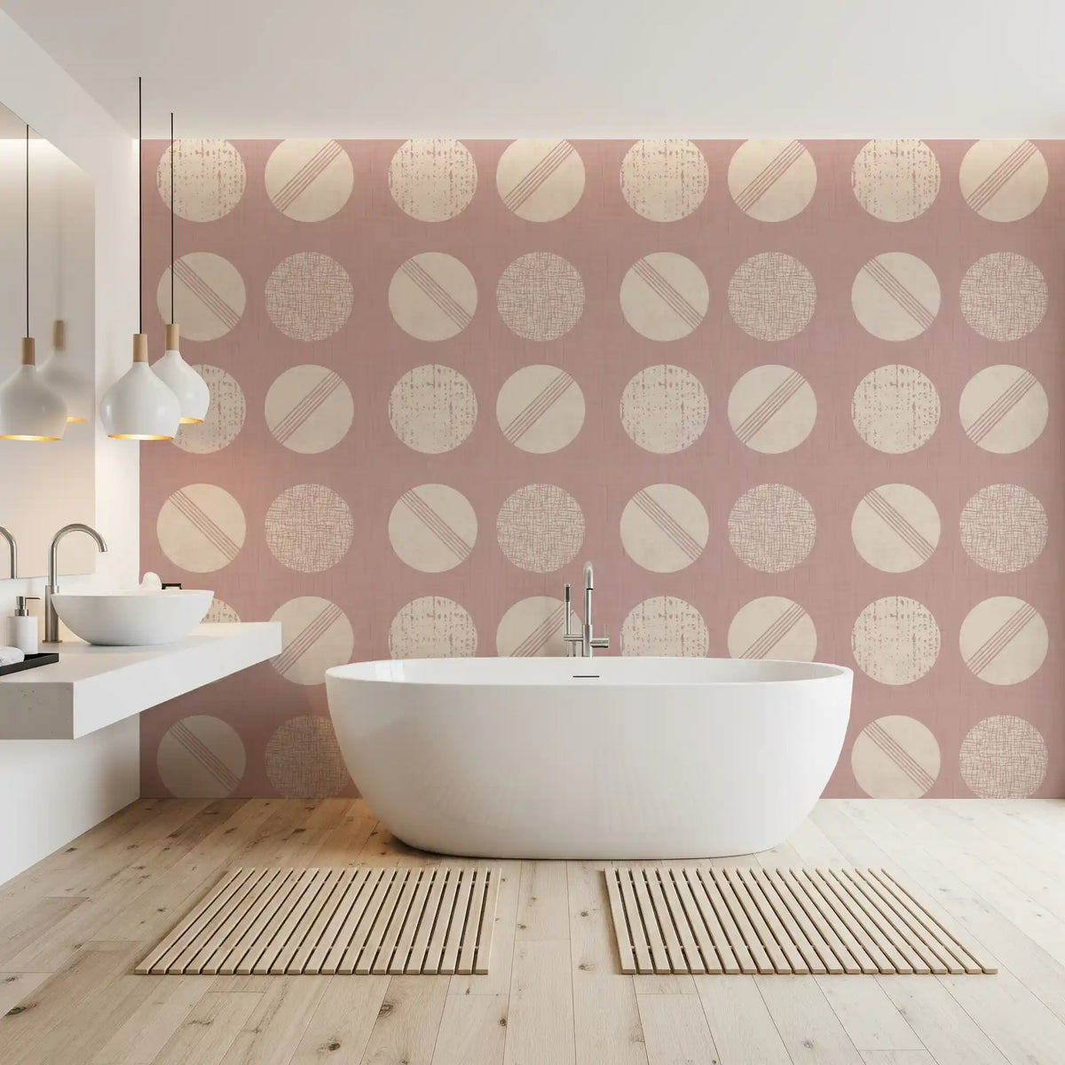 Tapet med blushrosa og kremfargede sirkler, mid-century-stil