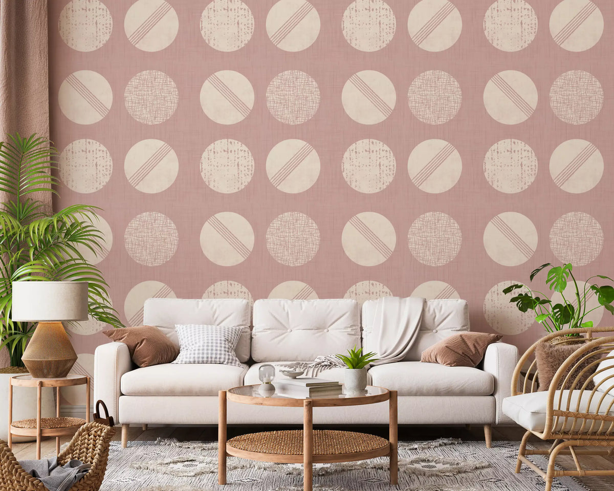 Tapet med blushrosa og kremfargede sirkler, mid-century-stil