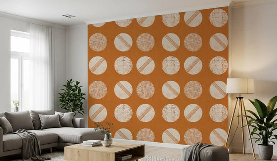 Behang met cirkels in gebrand oranje en crème, midcenturystijl⁠