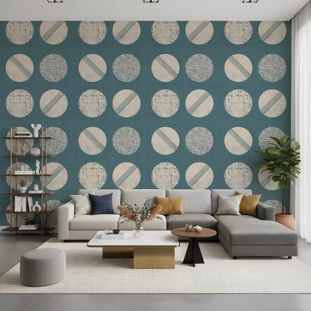 Tapeten mit Kreisen in gedecktem Petrol und Creme im Mid-Century-Stil