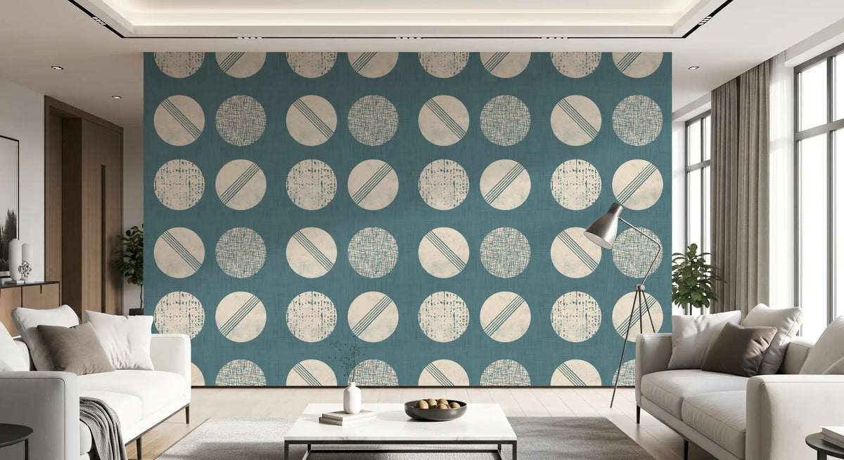 Tapeten mit Kreisen in gedecktem Petrol und Creme im Mid-Century-Stil