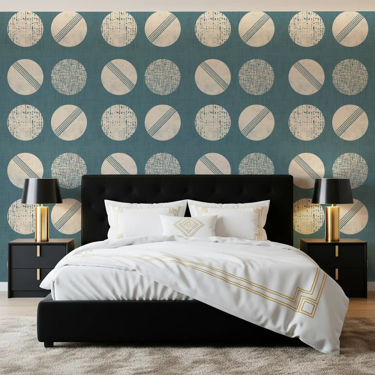 Tapeten mit Kreisen in gedecktem Petrol und Creme im Mid-Century-Stil