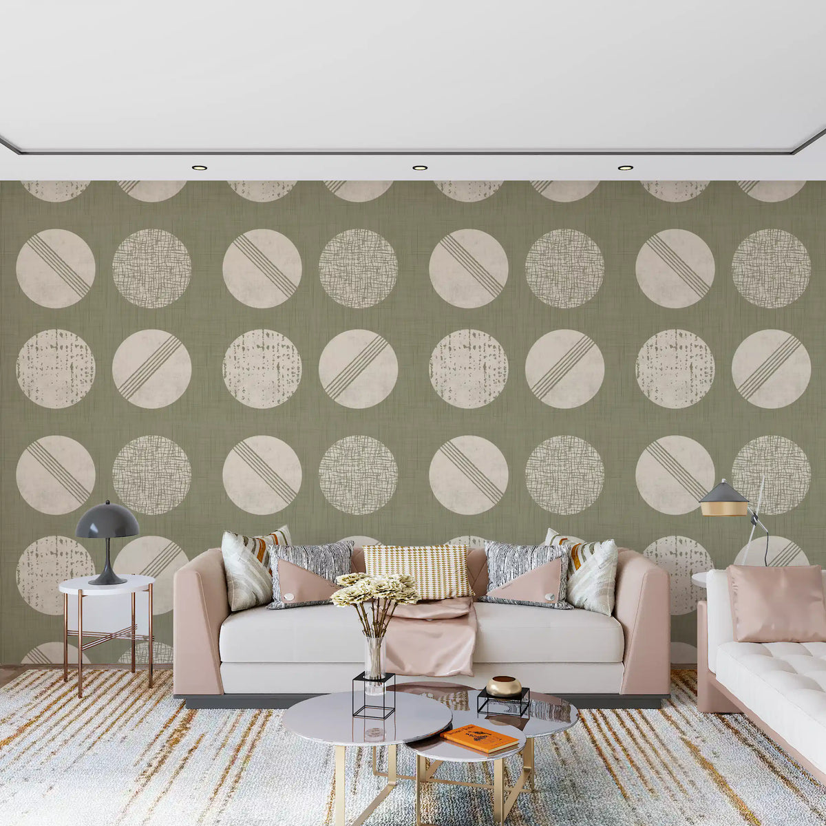 Tapeten mit Kreisen in Salbeigrün und Creme im Mid-Century-Stil