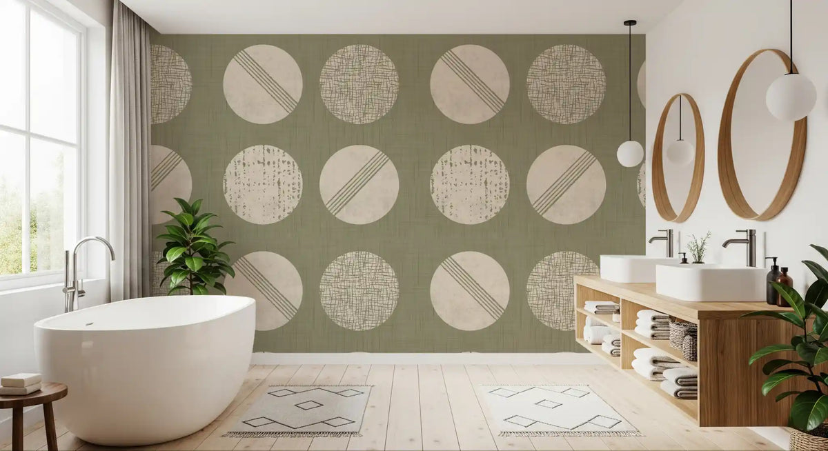 Tapeten mit Kreisen in Salbeigrün und Creme im Mid-Century-Stil