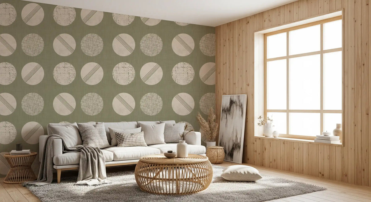 Tapeten mit Kreisen in Salbeigrün und Creme im Mid-Century-Stil