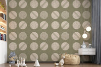 Tapeten mit Kreisen in Salbeigrün und Creme im Mid-Century-Stil