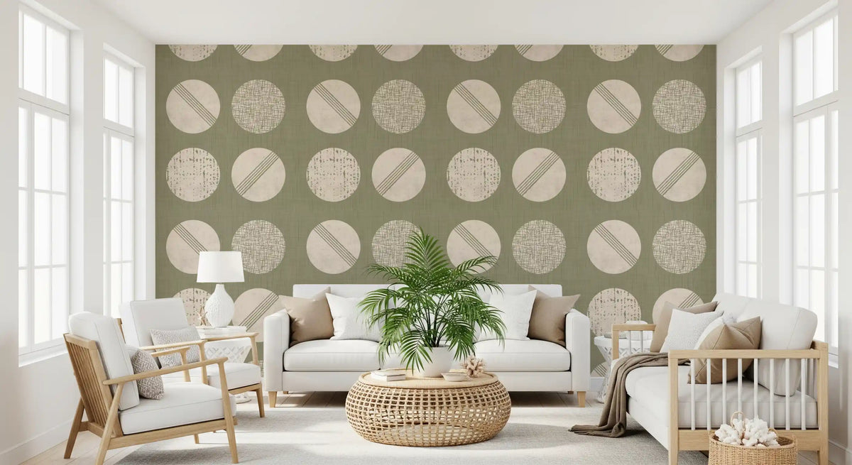 Tapeten mit Kreisen in Salbeigrün und Creme im Mid-Century-Stil