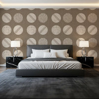 Tapeten mit Kreisen in warmem Taupe und Creme im Mid-Century-Stil