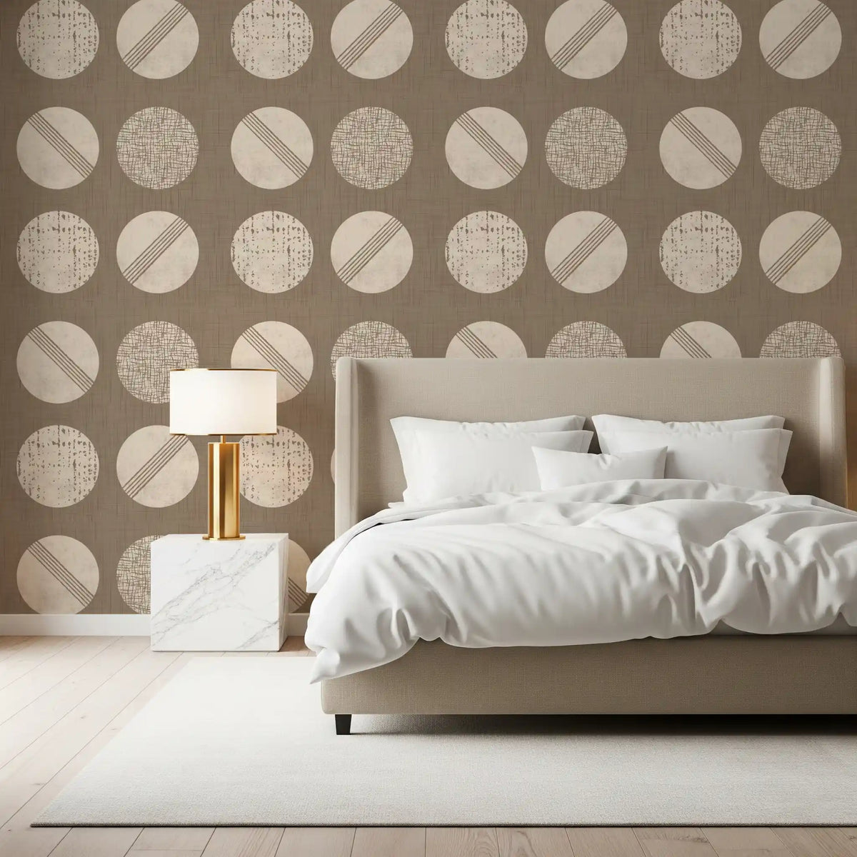 Tapeten mit Kreisen in warmem Taupe und Creme im Mid-Century-Stil