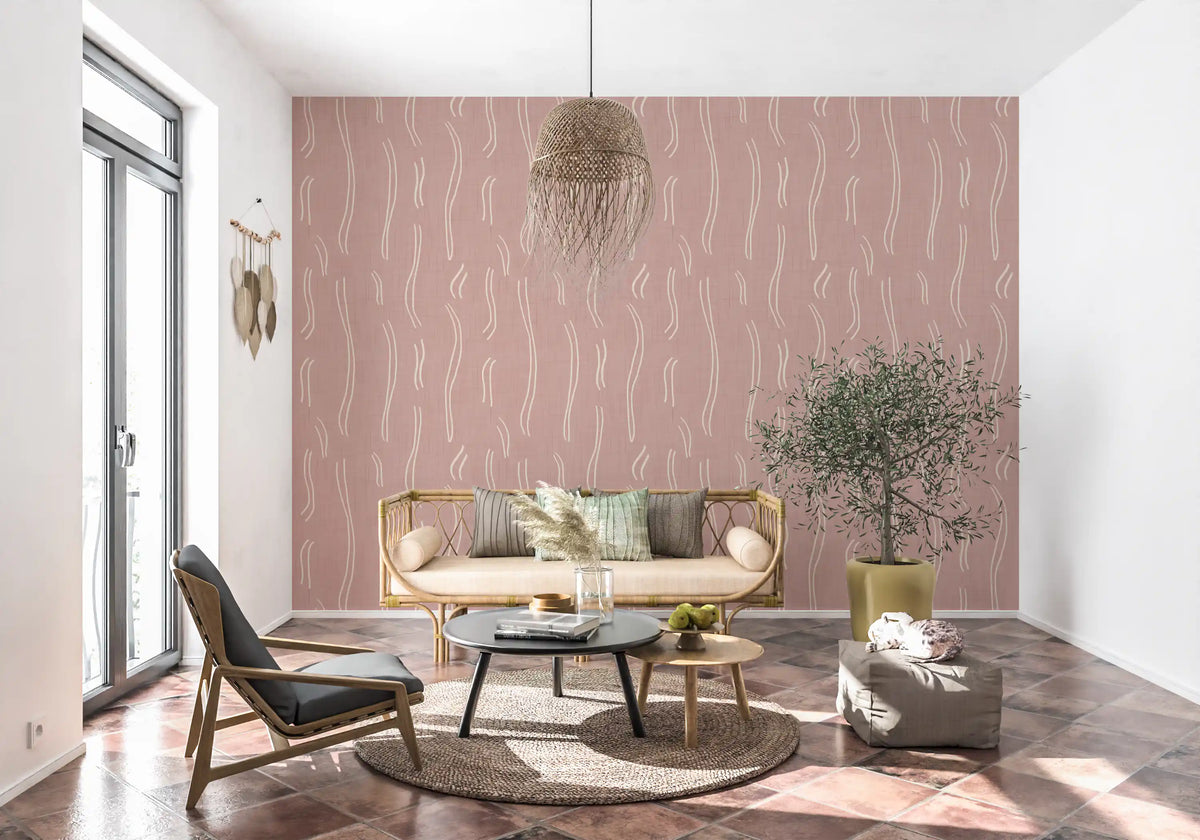 Tapeten mit gewellten Streifen in Zartrosa, Mid-Century-Stil⁠
