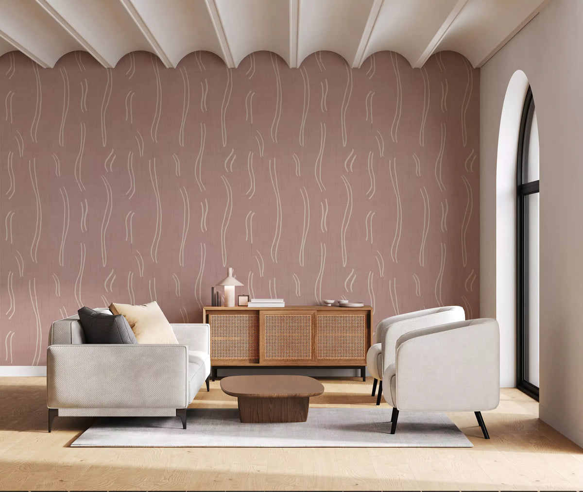 Tapeten mit gewellten Streifen in Zartrosa, Mid-Century-Stil⁠