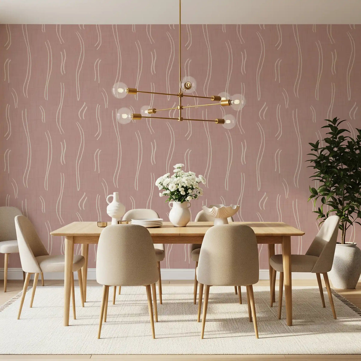 Tapeten mit gewellten Streifen in Zartrosa, Mid-Century-Stil⁠