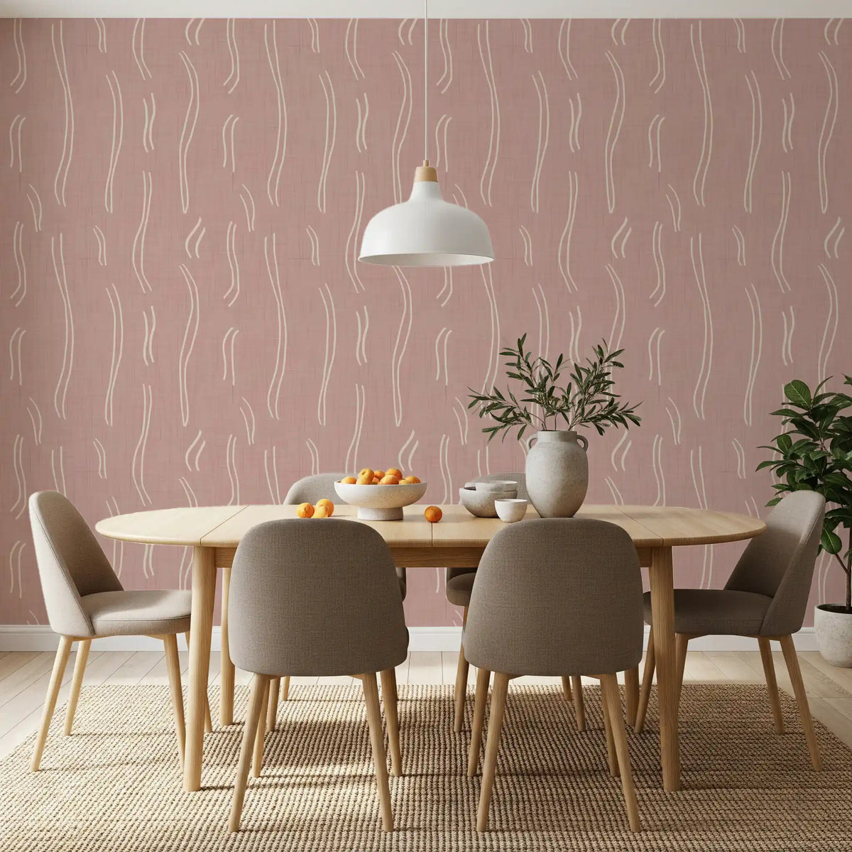 Tapeten mit gewellten Streifen in Zartrosa, Mid-Century-Stil⁠