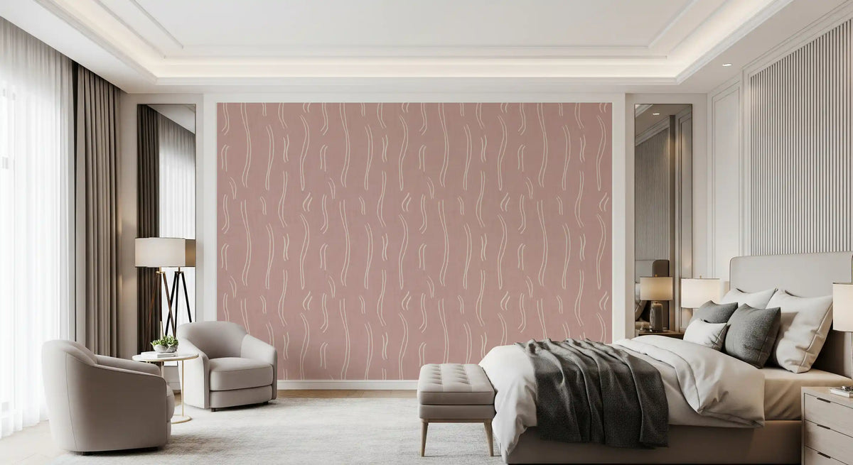 Behang met golvende strepen in blushroze, behang in midcenturystijl