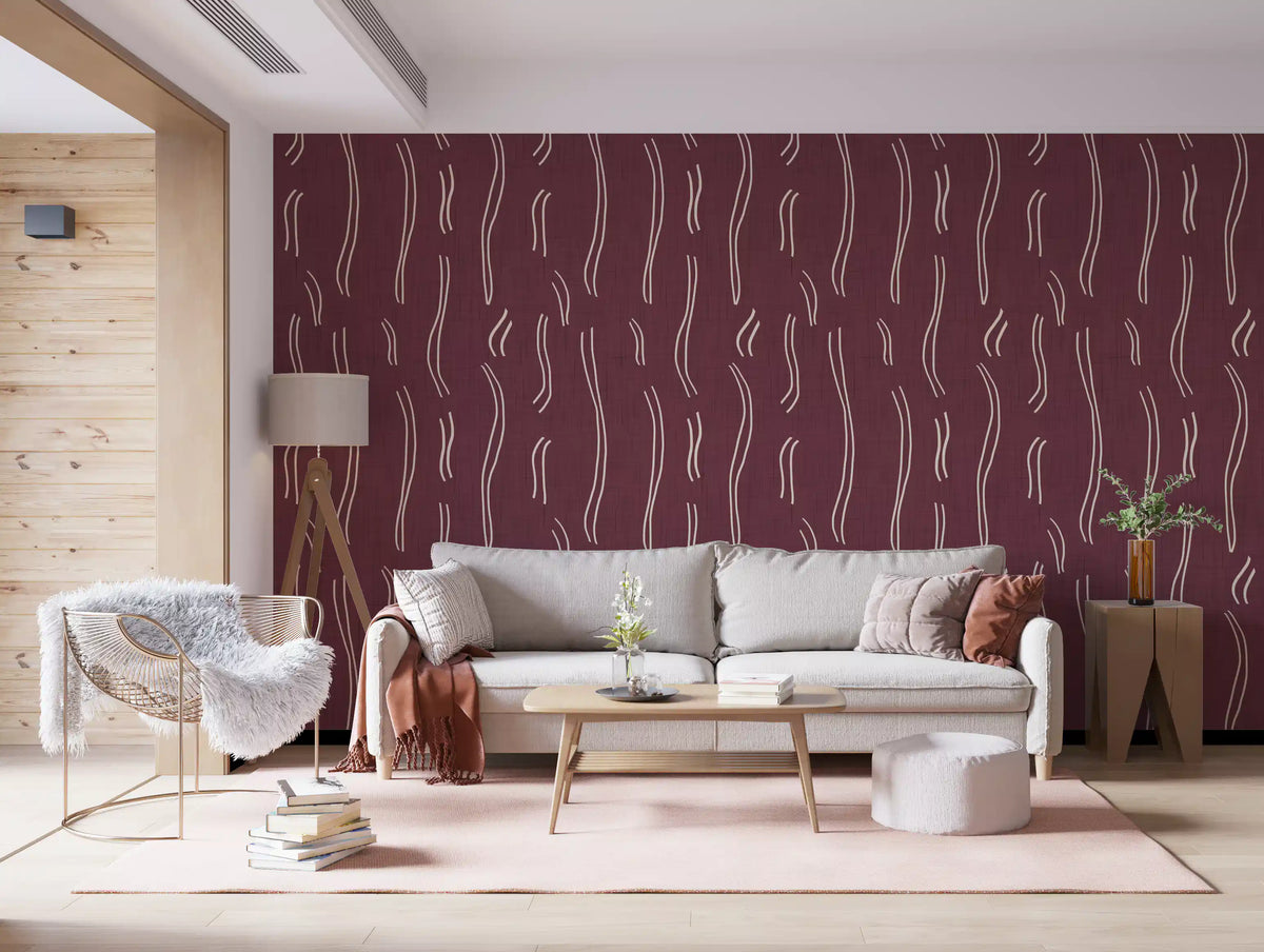 Burgundy Wavy Stripe Wallpaper Mid Century Wallpaper⁠