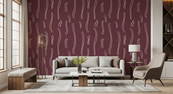Tapeten mit gewellten Streifen in Burgunderrot, Mid-Century-Stil⁠