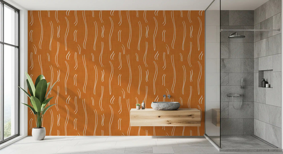Tapet med bølgede striber i brændt orange, mid-century
