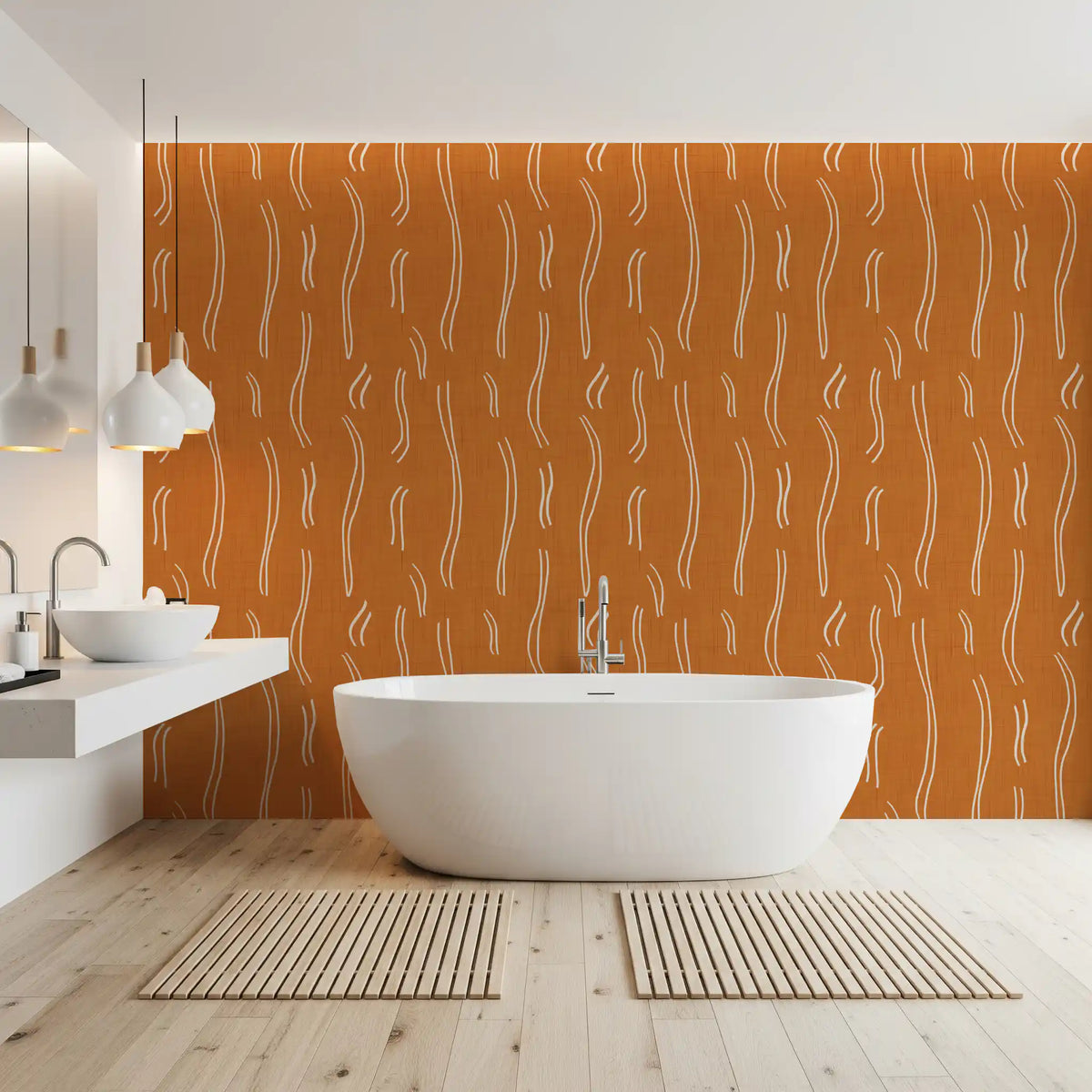 Tapet med bølgede striber i brændt orange, mid-century