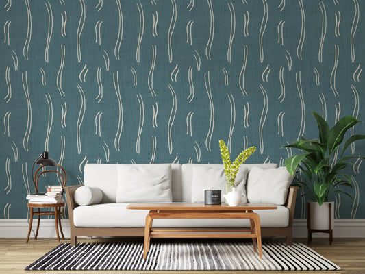 Carta da parati a righe ondulate verde petrolio polveroso, stile Mid-Century⁠