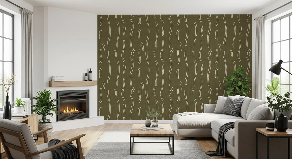 Tapeten mit welligem Streifenmuster in Olivgrün, Mid-Century-Stil