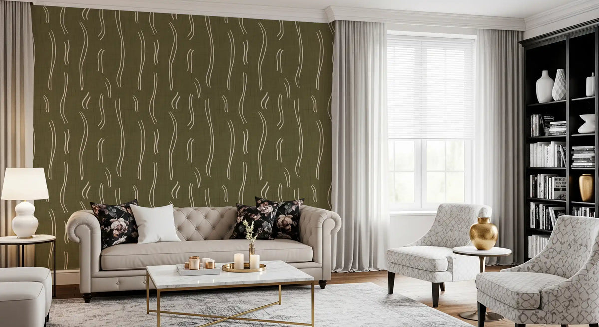 Tapeten mit welligem Streifenmuster in Olivgrün, Mid-Century-Stil